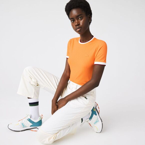 Lacoste Womens Shirt Orange Crew Neck Fantasy Knit Ribbed Slim Fit 34 US Small - Picture 1 of 10